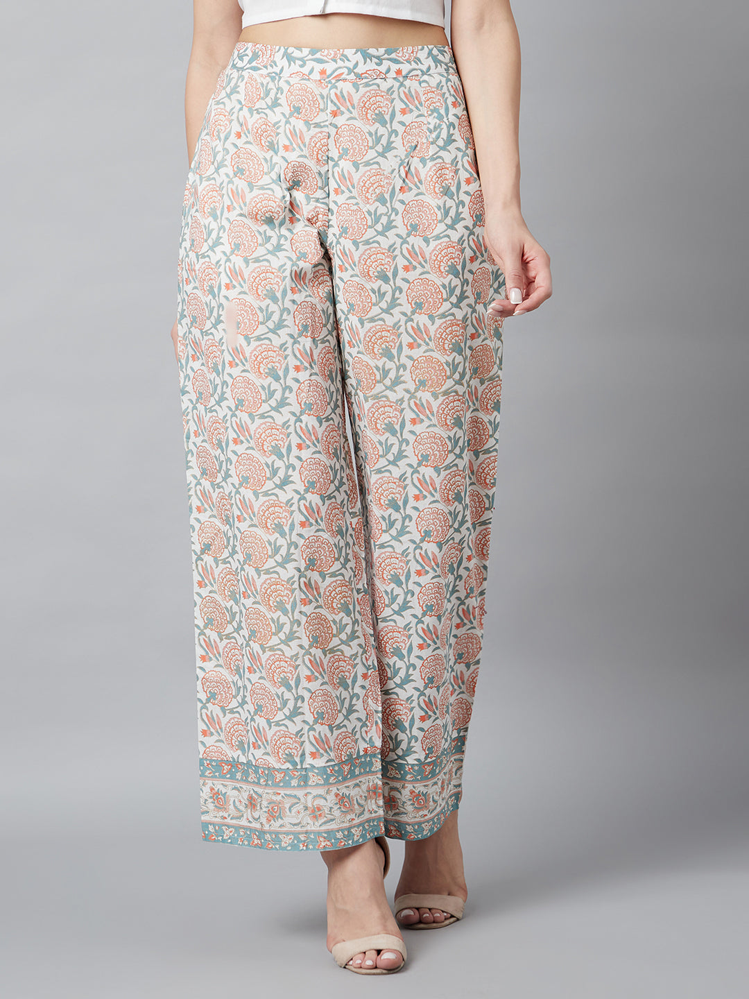 Women's White Floral Print Palazzo