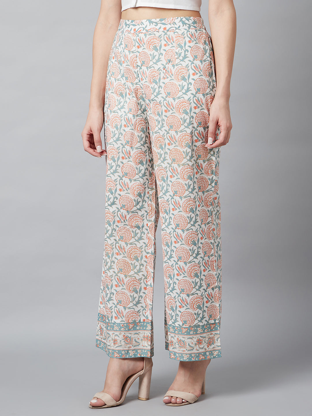 Women's White Floral Print Palazzo