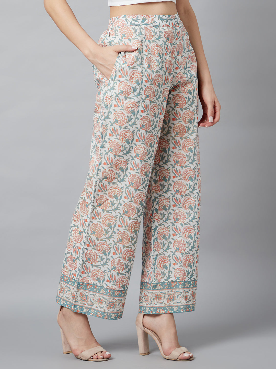 Women's White Floral Print Palazzo
