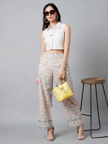 Women's White Floral Print Palazzo