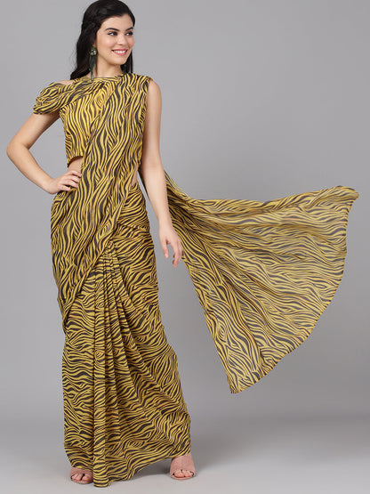 Women's Yellow Animal Print Georgette Saree