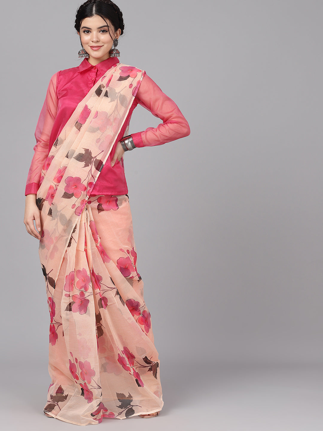 Women's Cream Floral Print Traditional Saree