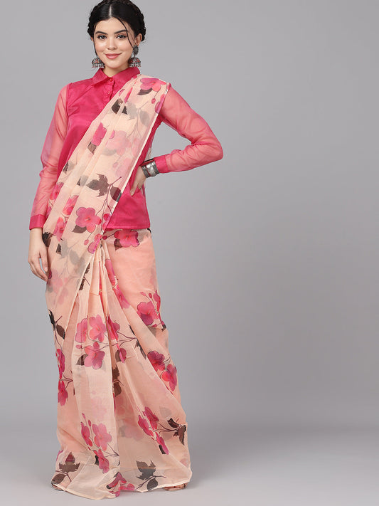 Women's Cream Floral Print Traditional Saree