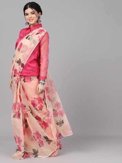 Women's Cream Floral Print Traditional Saree