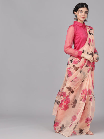 Women's Cream Floral Print Traditional Saree