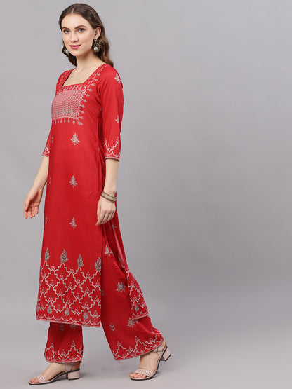 Women's Red Printed Kurta With Palazzo