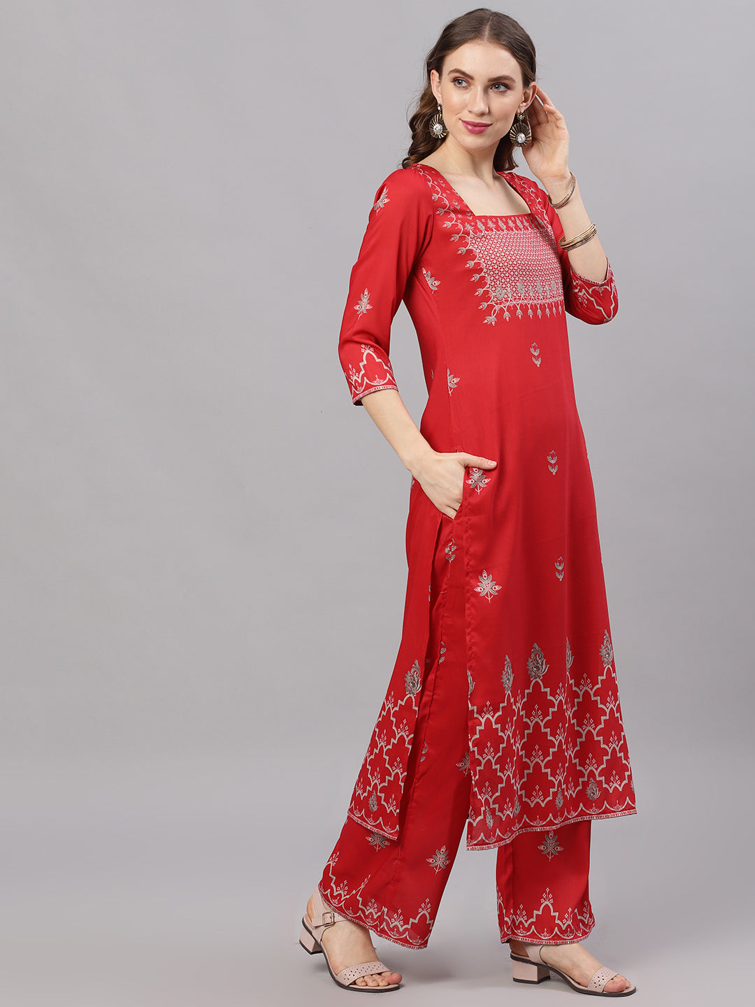 Women's Red Printed Kurta With Palazzo
