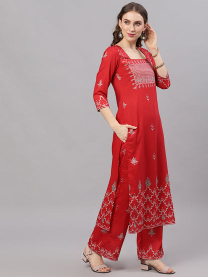 Women's Red Printed Kurta With Palazzo