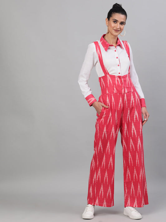 Women's Pink Ikat Designed Dungaree With Shirt