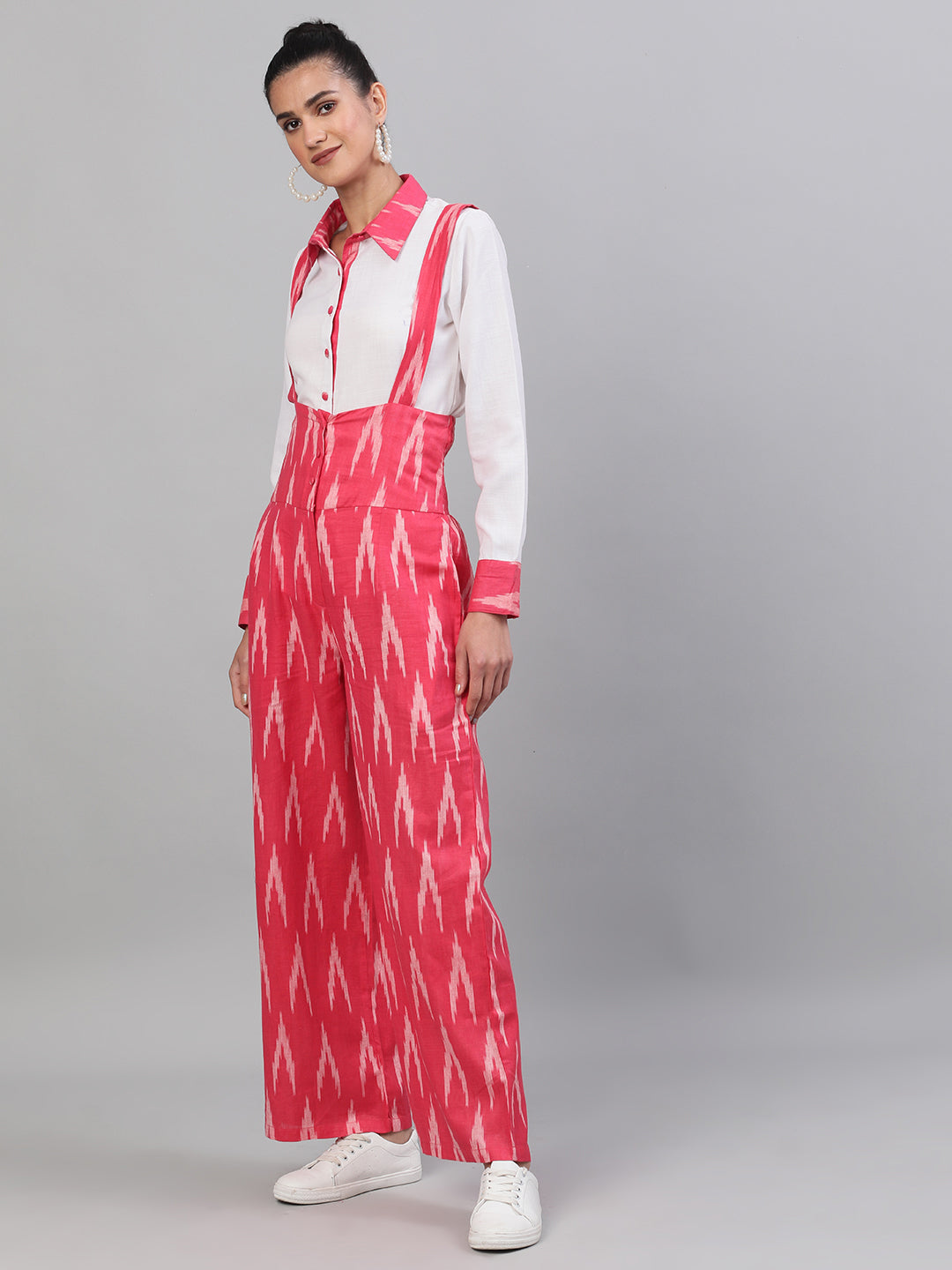 Women's Pink Ikat Designed Dungaree With Shirt