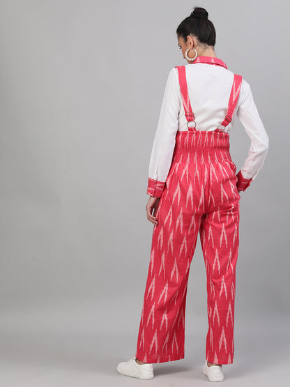 Women's Pink Ikat Designed Dungaree With Shirt