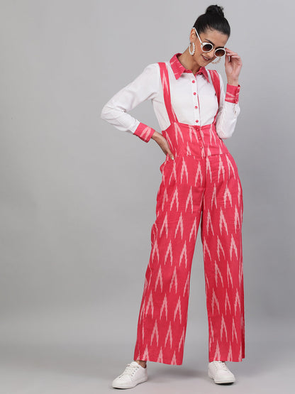 Women's Pink Ikat Designed Dungaree With Shirt