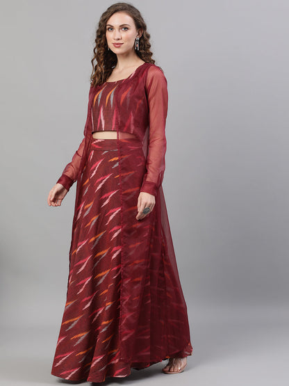 Women's Maroon Ikat Lehenga Choli With Jacket