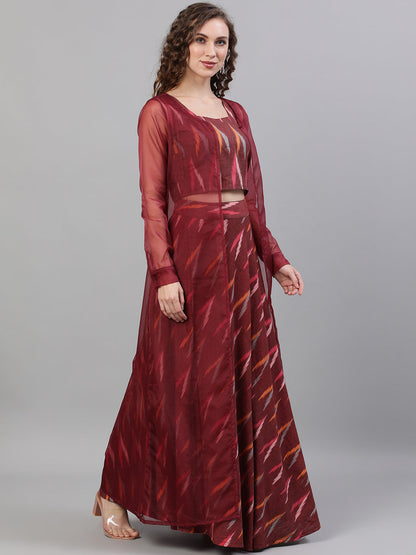 Women's Maroon Ikat Lehenga Choli With Jacket
