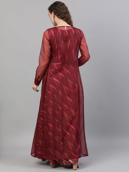 Women's Maroon Ikat Lehenga Choli With Jacket