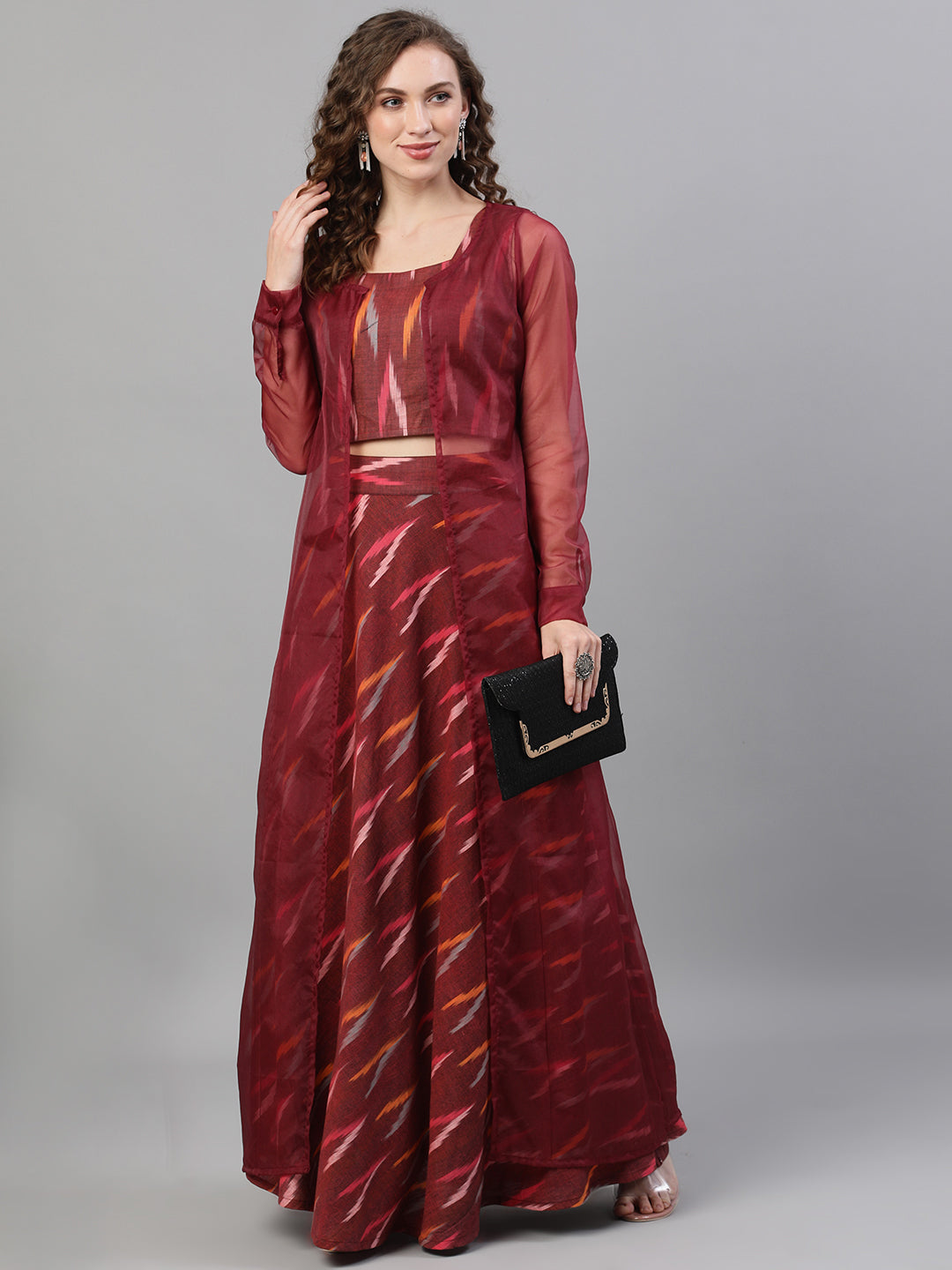 Women's Maroon Ikat Lehenga Choli With Jacket