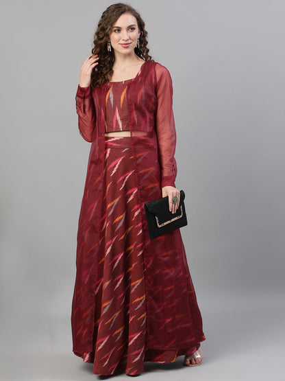 Women's Maroon Ikat Lehenga Choli With Jacket