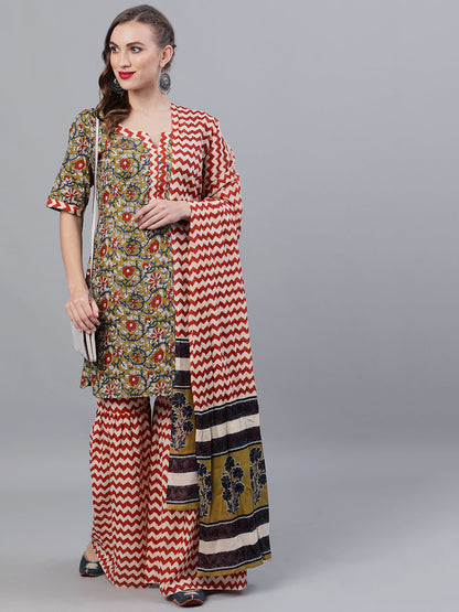 Women's Green Chevrons Print Kurta Sharara With Dupatta