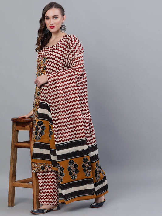 Women's Mustard Floral Print Kurta Palazzo With Dupatta
