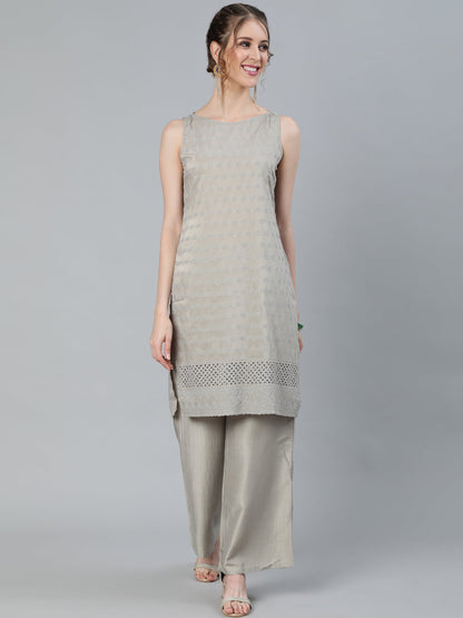 Women's Grey Schiffli Designed Kurta With Palazzo