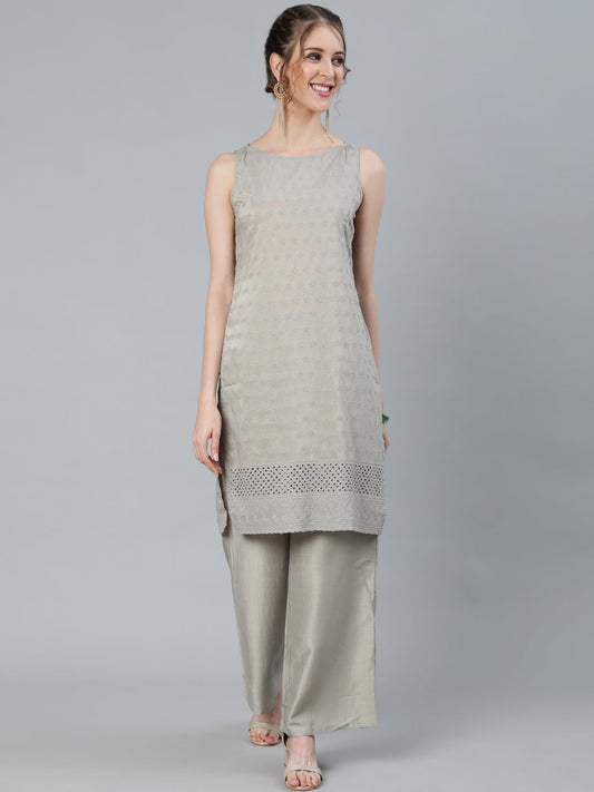 Women's Grey Schiffli Designed Kurta With Palazzo