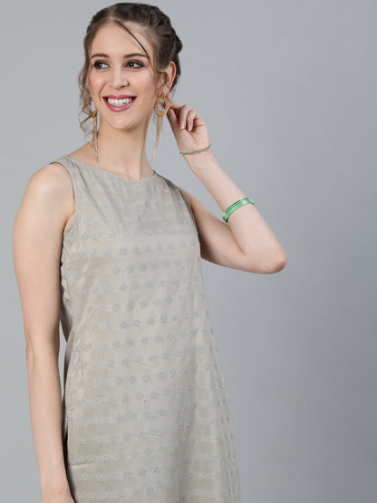 Women's Grey Schiffli Designed Kurta With Palazzo