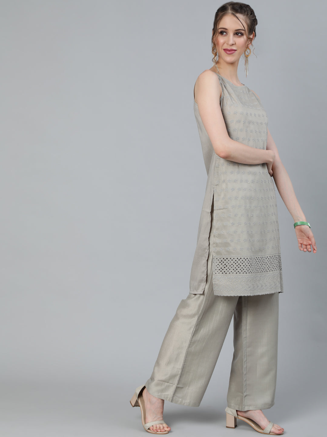 Women's Grey Schiffli Designed Kurta With Palazzo