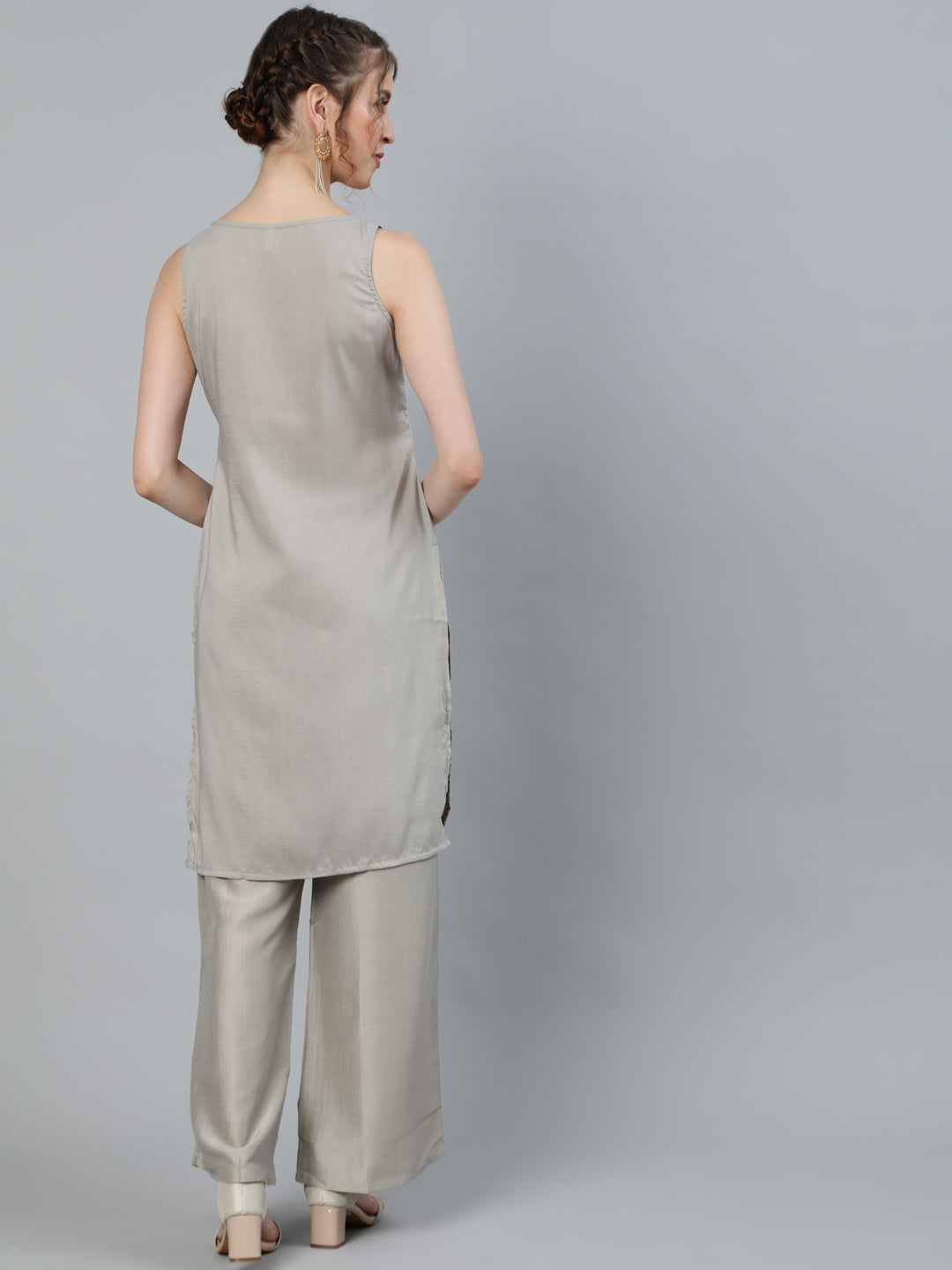 Women's Grey Schiffli Designed Kurta With Palazzo