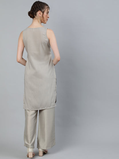 Women's Grey Schiffli Designed Kurta With Palazzo