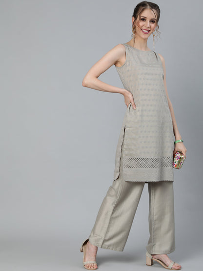 Women's Grey Schiffli Designed Kurta With Palazzo