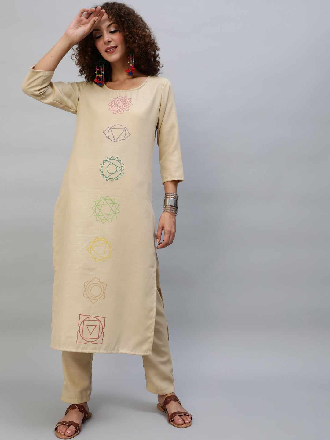 Women's Beige Block Print Kurta With Palazzo