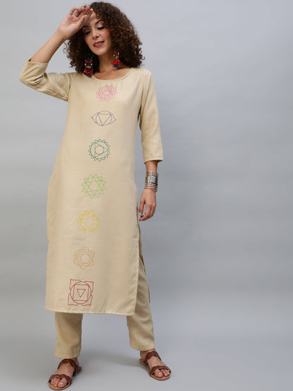 Women's Beige Block Print Kurta With Palazzo