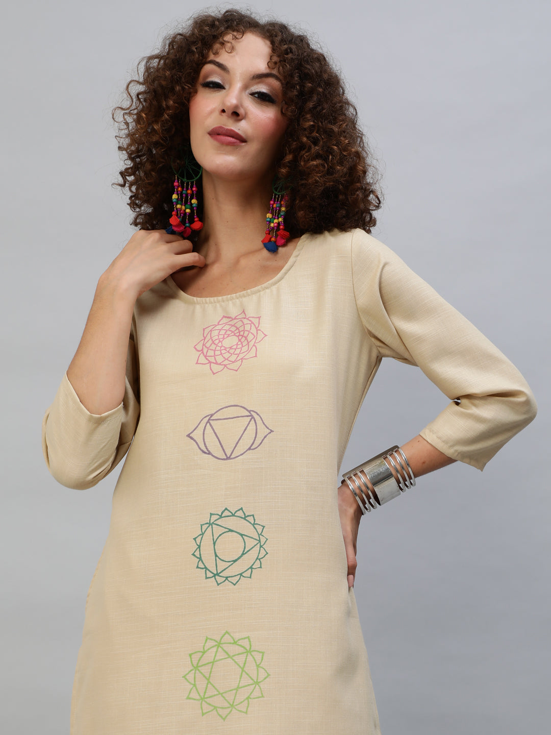 Women's Beige Block Print Kurta With Palazzo