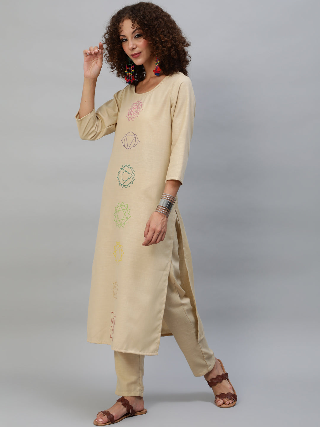 Women's Beige Block Print Kurta With Palazzo