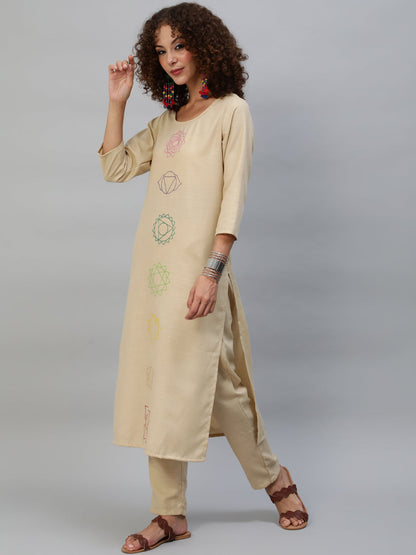 Women's Beige Block Print Kurta With Palazzo