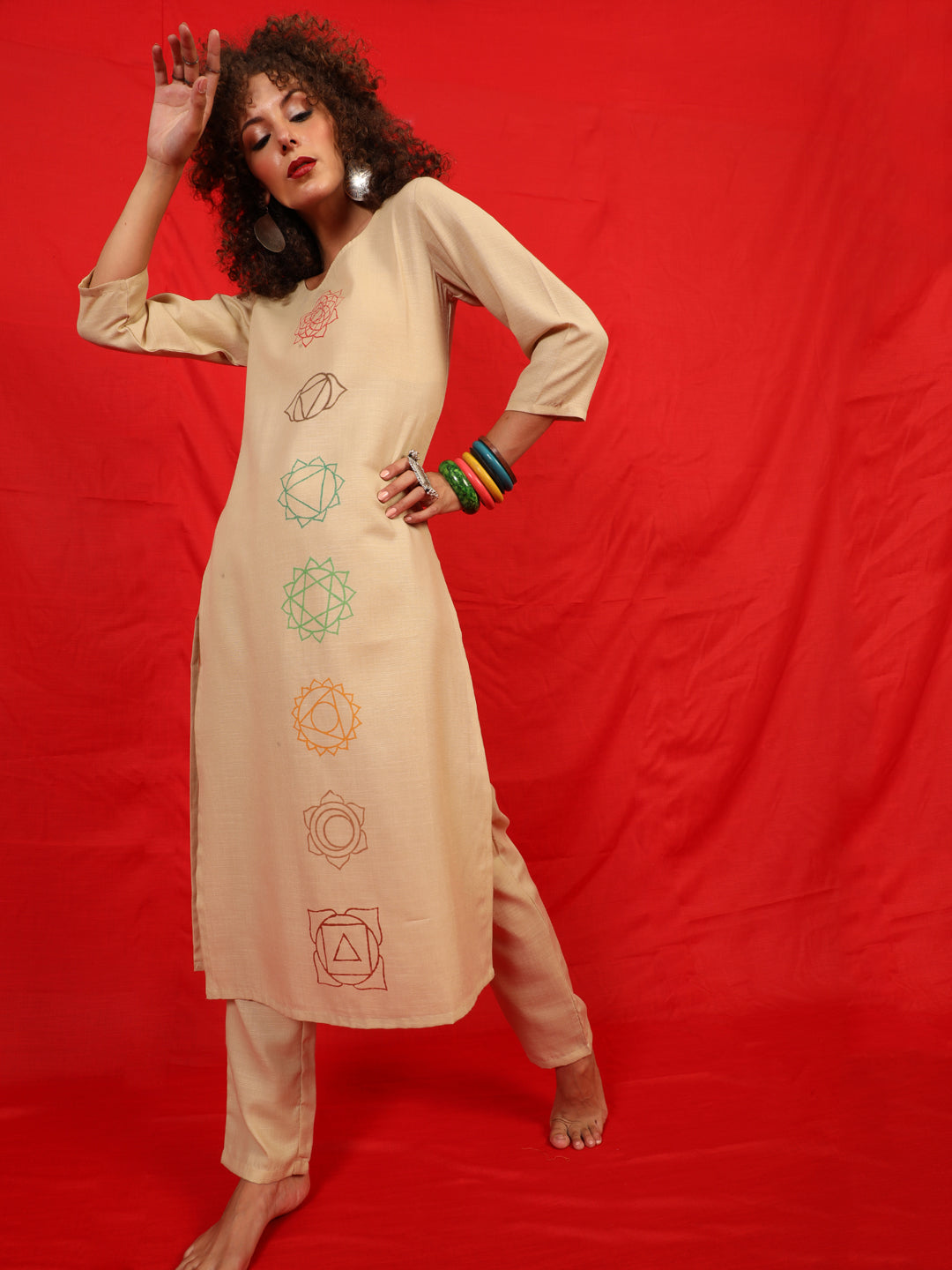 Women's Beige Block Print Kurta With Palazzo