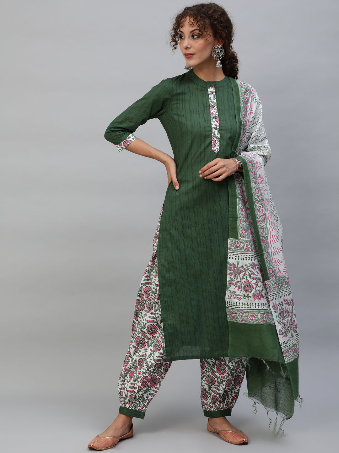 Women's Green Floral Print Kurta Palazzo With Dupatta