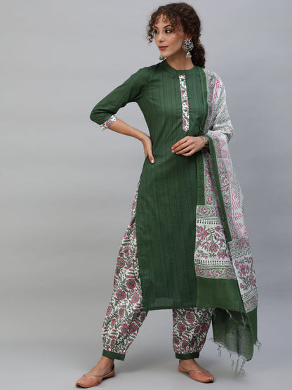 Women's Green Floral Print Kurta Palazzo With Dupatta