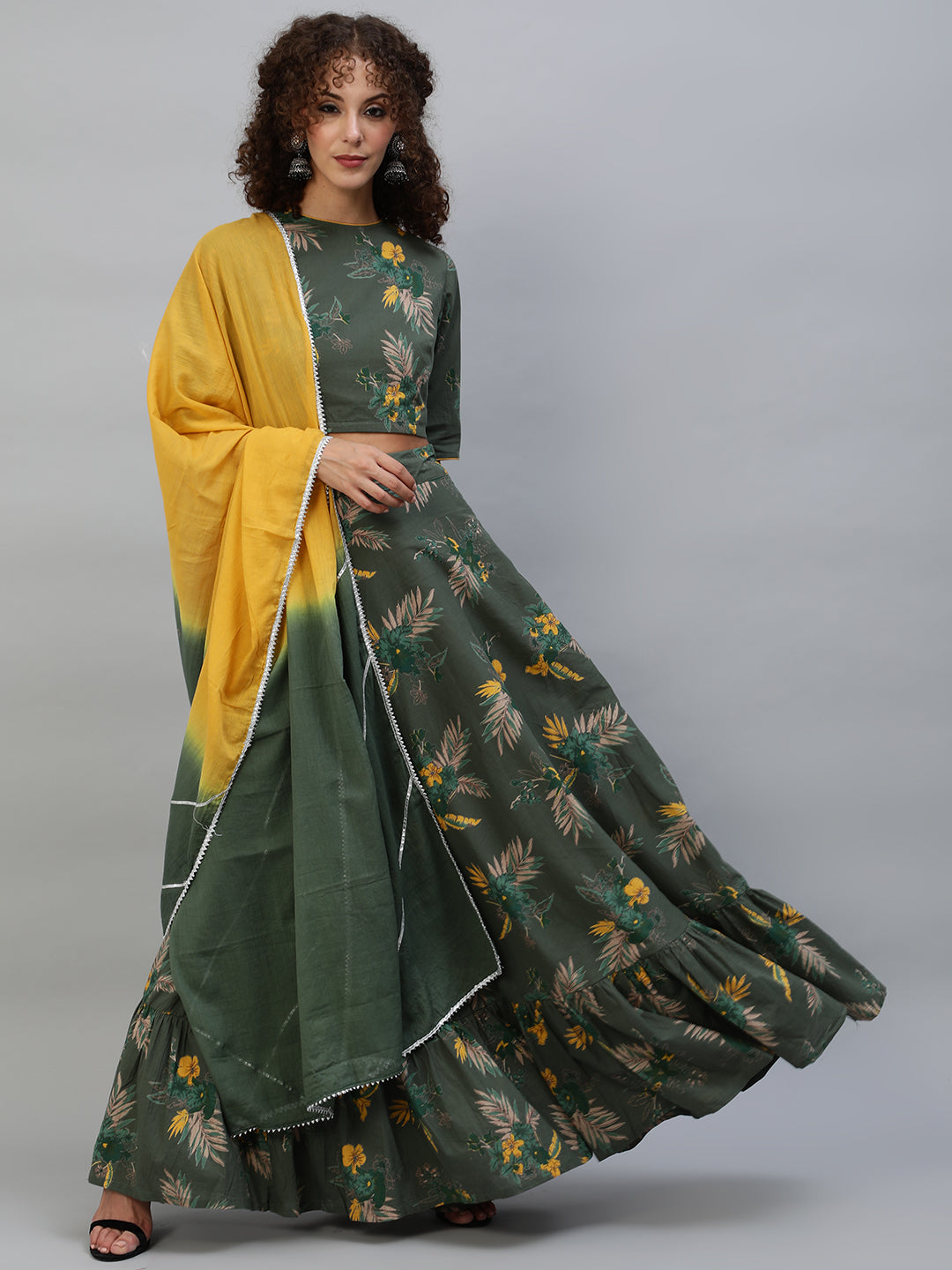 Women's Green Floral Print Lehenga Choli With Dupatta