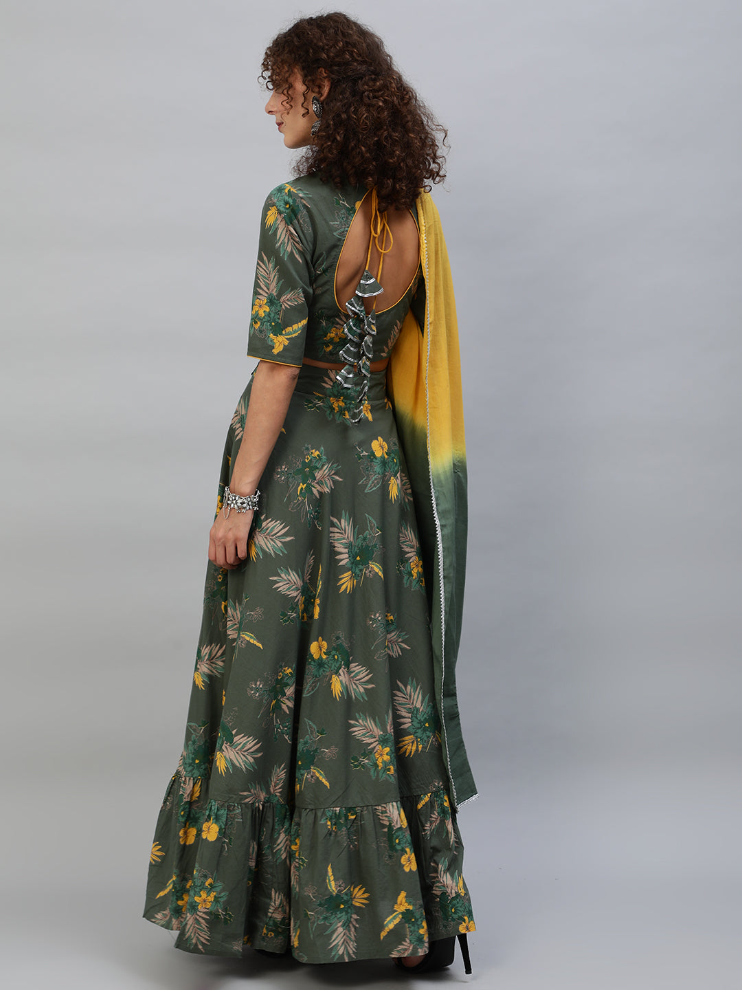 Women's Green Floral Print Lehenga Choli With Dupatta