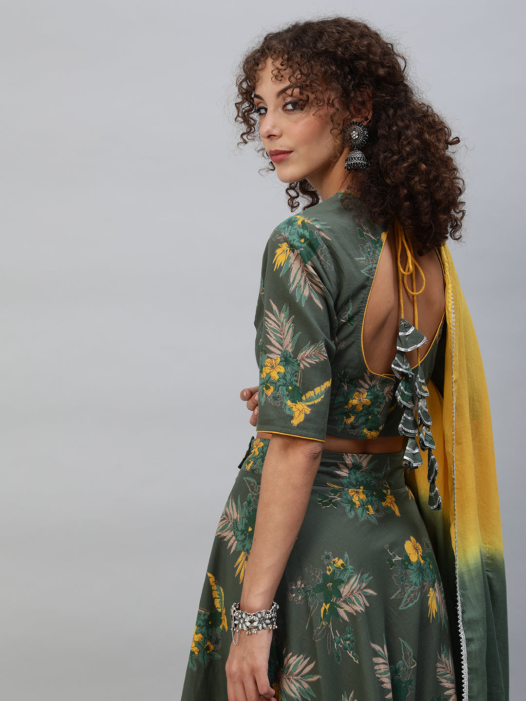 Women's Green Floral Print Lehenga Choli With Dupatta