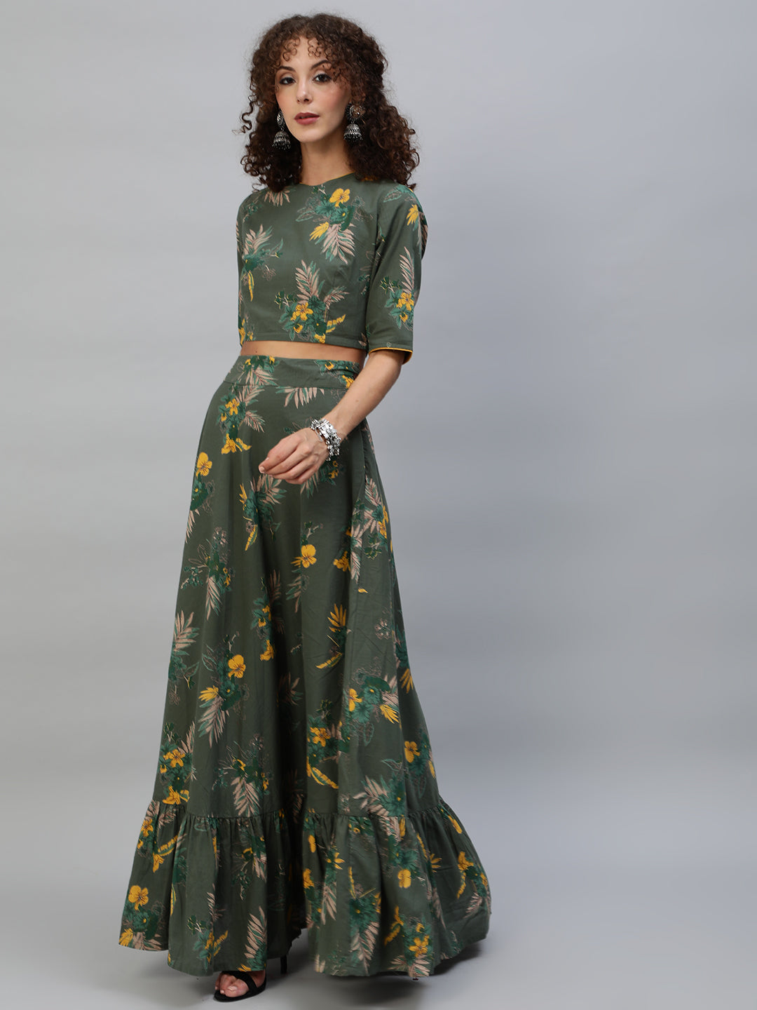 Women's Green Floral Print Lehenga Choli With Dupatta