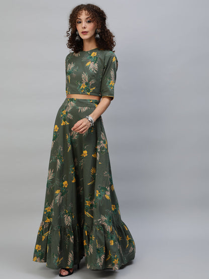 Women's Green Floral Print Lehenga Choli With Dupatta