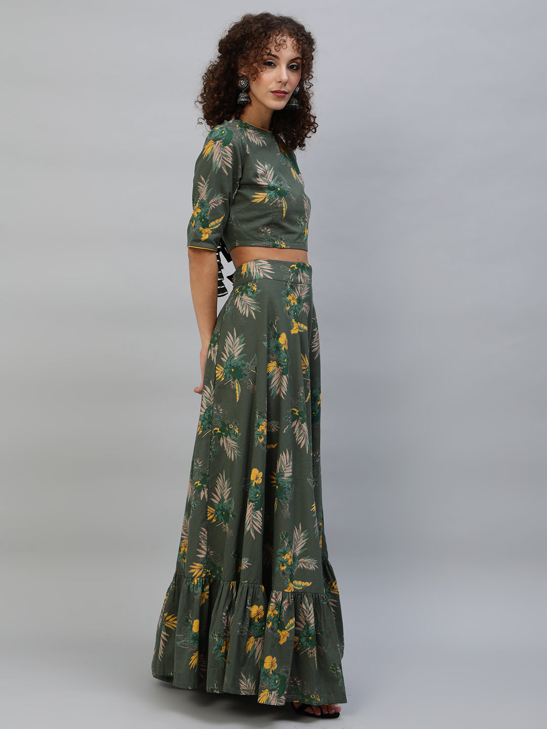 Women's Green Floral Print Lehenga Choli With Dupatta