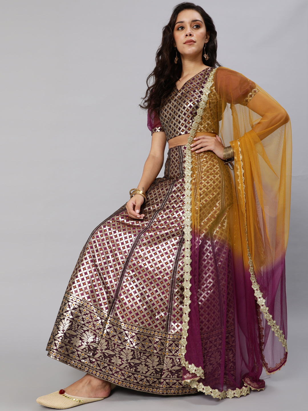 Women's Purple Jacquard Lehenga Choli With Dupatta & Potali Bag