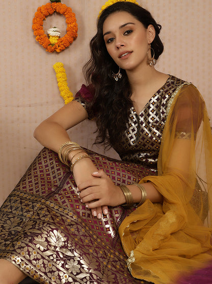 Women's Purple Jacquard Lehenga Choli With Dupatta & Potali Bag