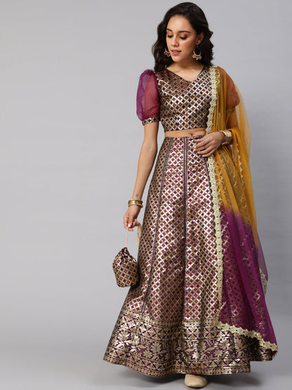 Women's Purple Jacquard Lehenga Choli With Dupatta & Potali Bag