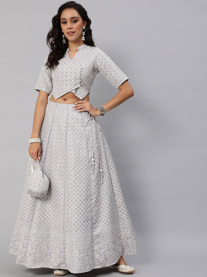 Women's Grey Jacquard Lehenga Choli With Potali Bag