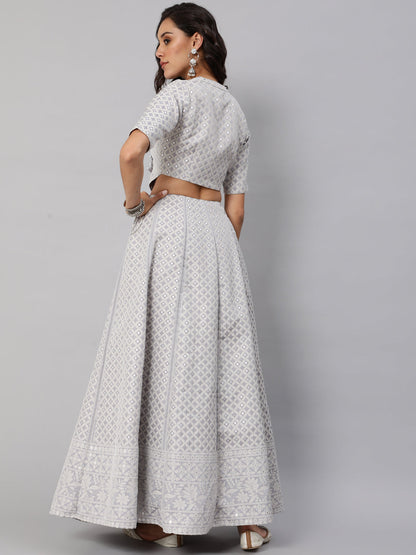 Women's Grey Jacquard Lehenga Choli With Potali Bag