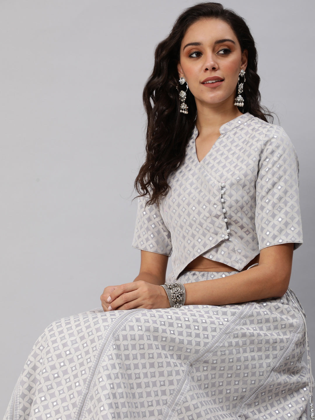 Women's Grey Jacquard Lehenga Choli With Potali Bag